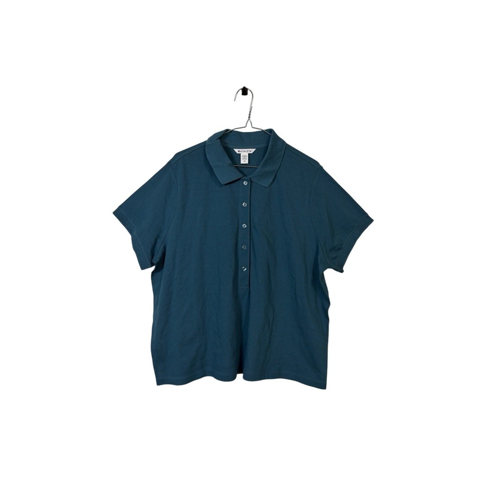 Athleta Pique Short Sleeve Polo Women 1X‎ Teal Blue Button Neck Athletic Top